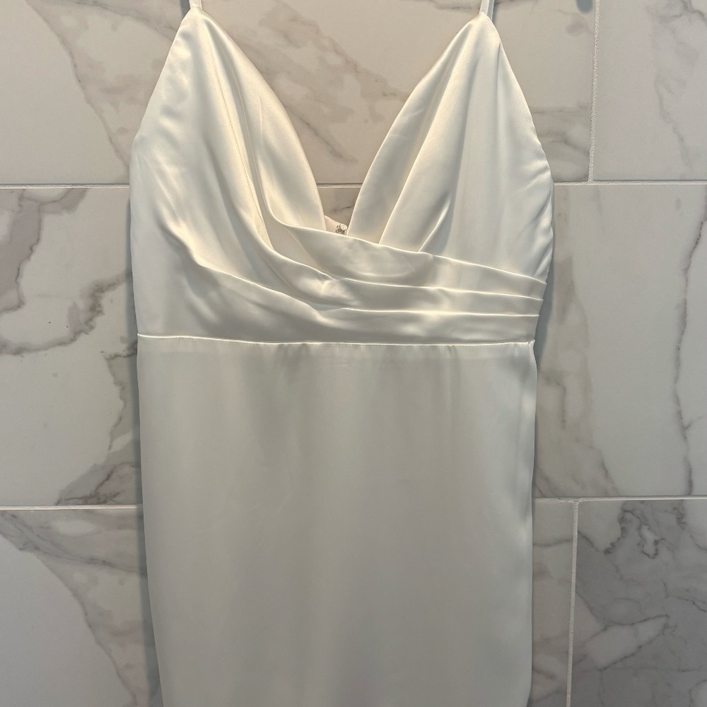 White Plunging Faux Wrap Charmeuse Mini Dress